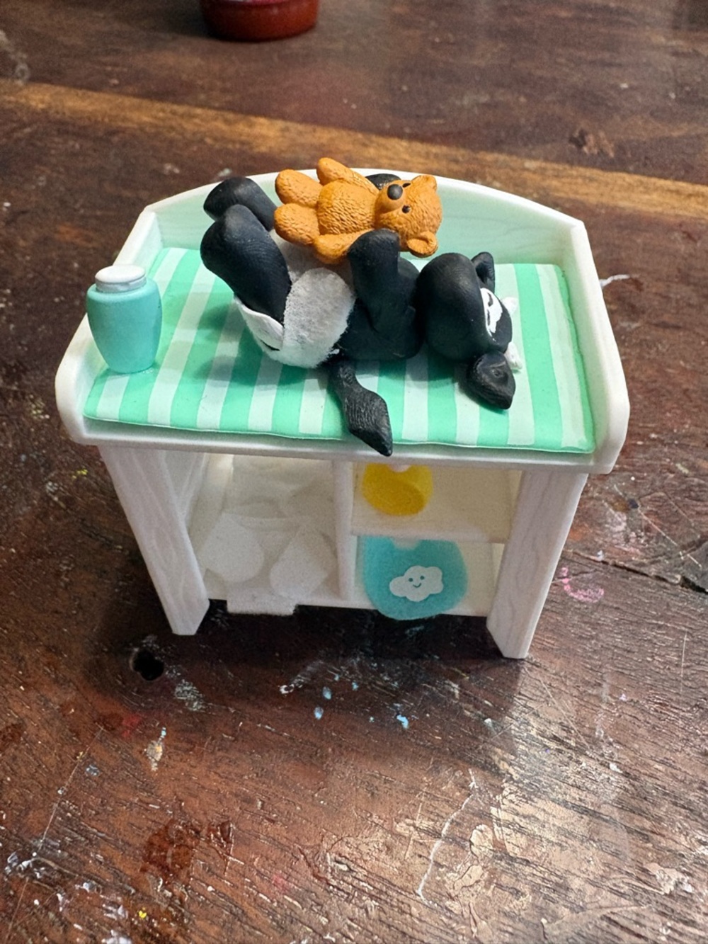Miniature Changing Table with cow and Teddy Figurine - Green Striped